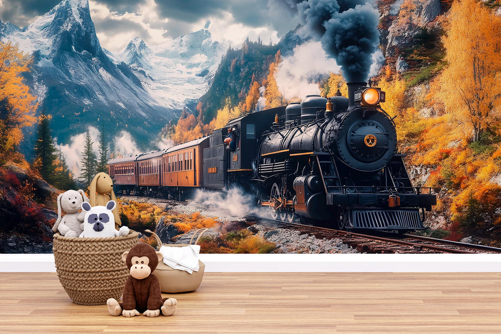 Adventure Train Forest Wallpaper – Watercolor Steam Train Wall Mural for Boys Room