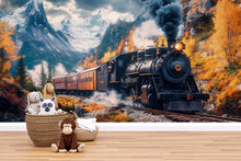 Load image into Gallery viewer, Adventure Train Forest Wallpaper – Watercolor Steam Train Wall Mural for Boys Room