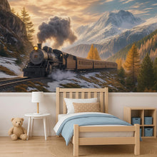 Load image into Gallery viewer, Train in the Mountains Wallpaper Mural – Vintage Steam Engine Wall Art – Boys Room Adventure Decor – Snowy Railway Landscape Nursery Mural