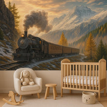 Load image into Gallery viewer, Train in the Mountains Wallpaper Mural – Vintage Steam Engine Wall Art – Boys Room Adventure Decor – Snowy Railway Landscape Nursery Mural