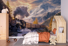 Load image into Gallery viewer, Train in the Mountains Wallpaper Mural – Vintage Steam Engine Wall Art – Boys Room Adventure Decor – Snowy Railway Landscape Nursery Mural
