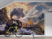 Load image into Gallery viewer, Train in the Mountains Wallpaper Mural – Vintage Steam Engine Wall Art – Boys Room Adventure Decor – Snowy Railway Landscape Nursery Mural