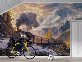 Train in the Mountains Wallpaper Mural – Vintage Steam Engine Wall Art – Boys Room Adventure Decor – Snowy Railway Landscape Nursery Mural