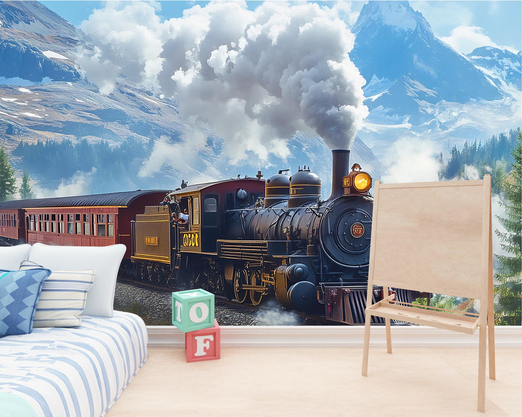 Train in the Mountains Wallpaper – Steam Locomotive Wall Mural – Boys Room Railroad Decor – Snowy Adventure Scenic Wallpaper for Nursery