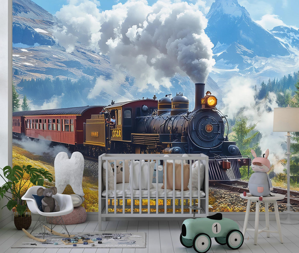 Train in the Mountains Wallpaper – Steam Locomotive Wall Mural – Boys Room Railroad Decor – Snowy Adventure Scenic Wallpaper for Nursery