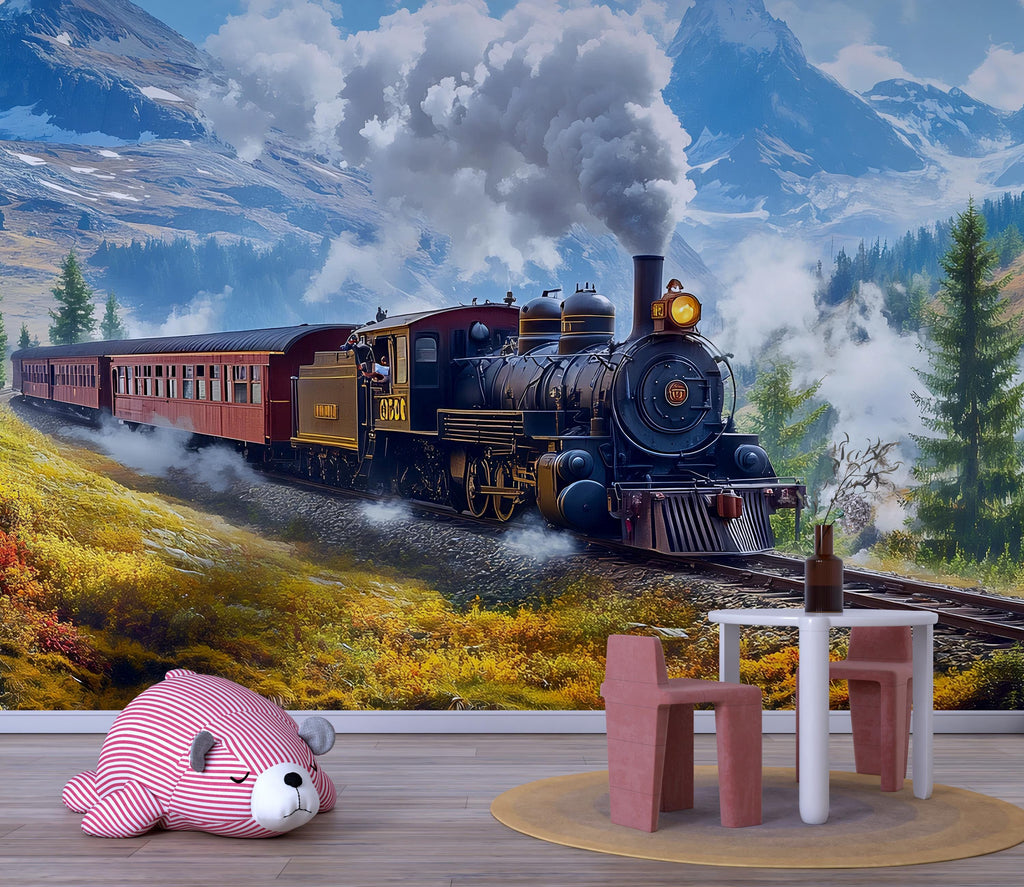 Train in the Mountains Wallpaper – Steam Locomotive Wall Mural – Boys Room Railroad Decor – Snowy Adventure Scenic Wallpaper for Nursery