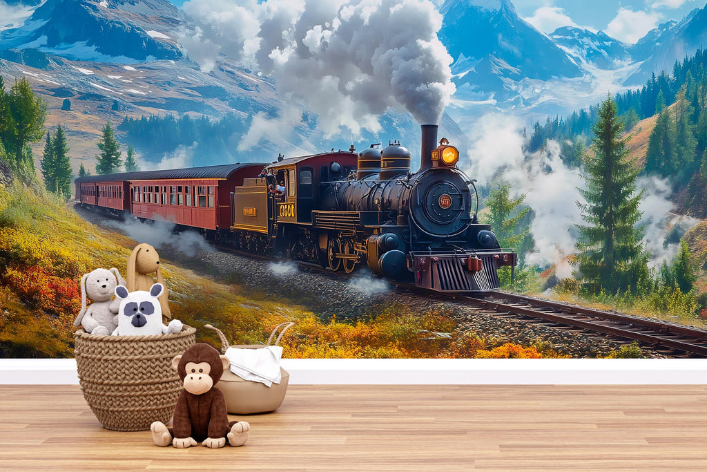 Train in the Mountains Wallpaper – Steam Locomotive Wall Mural – Boys Room Railroad Decor – Snowy Adventure Scenic Wallpaper for Nursery