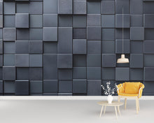 Load image into Gallery viewer, Modern 3D Black Square Wall Mural – Geometric Textured Wallpaper – Contemporary Accent Wall Décor – Peel and Stick Faux Panel Wallpaper