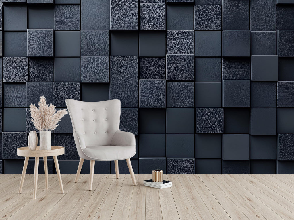 Modern 3D Black Square Wall Mural – Geometric Textured Wallpaper – Contemporary Accent Wall Décor – Peel and Stick Faux Panel Wallpaper