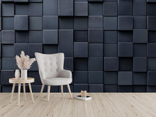 Load image into Gallery viewer, Modern 3D Black Square Wall Mural – Geometric Textured Wallpaper – Contemporary Accent Wall Décor – Peel and Stick Faux Panel Wallpaper