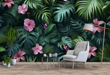 Load image into Gallery viewer, 3D Texture Tropical Jungle Floral Wallpaper – Botanical Leaf Wall Mural – Pink Hibiscus Peel and Stick Wallpaper – Exotic Plant Wall Decor
