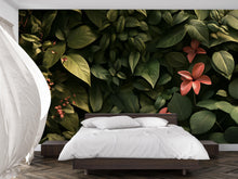 Load image into Gallery viewer, Dark Tropical Leaf Wallpaper – Jungle Botanical Wall Mural with Red Flowers – Lush Green Foliage Peel and Stick Wallpaper – Bedroom Nature