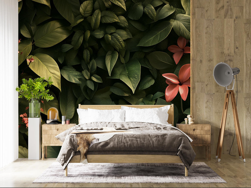 Dark Tropical Leaf Wallpaper – Jungle Botanical Wall Mural with Red Flowers – Lush Green Foliage Peel and Stick Wallpaper – Bedroom Nature