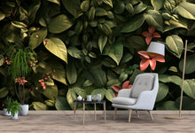 Load image into Gallery viewer, Dark Tropical Leaf Wallpaper – Jungle Botanical Wall Mural with Red Flowers – Lush Green Foliage Peel and Stick Wallpaper – Bedroom Nature
