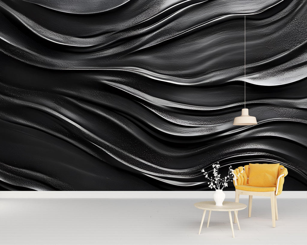 Black Wavy 3D Wall Mural – Modern Abstract Texture Wallpaper – Dark Fluid Design Peel and Stick Wall Art – Luxury Accent Wall Décor