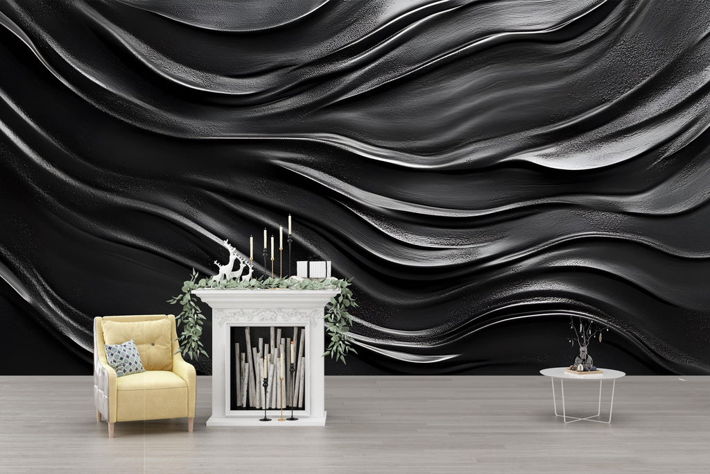 Black Wavy 3D Wall Mural – Modern Abstract Texture Wallpaper – Dark Fluid Design Peel and Stick Wall Art – Luxury Accent Wall Décor