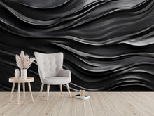 Load image into Gallery viewer, Black Wavy 3D Wall Mural – Modern Abstract Texture Wallpaper – Dark Fluid Design Peel and Stick Wall Art – Luxury Accent Wall Décor