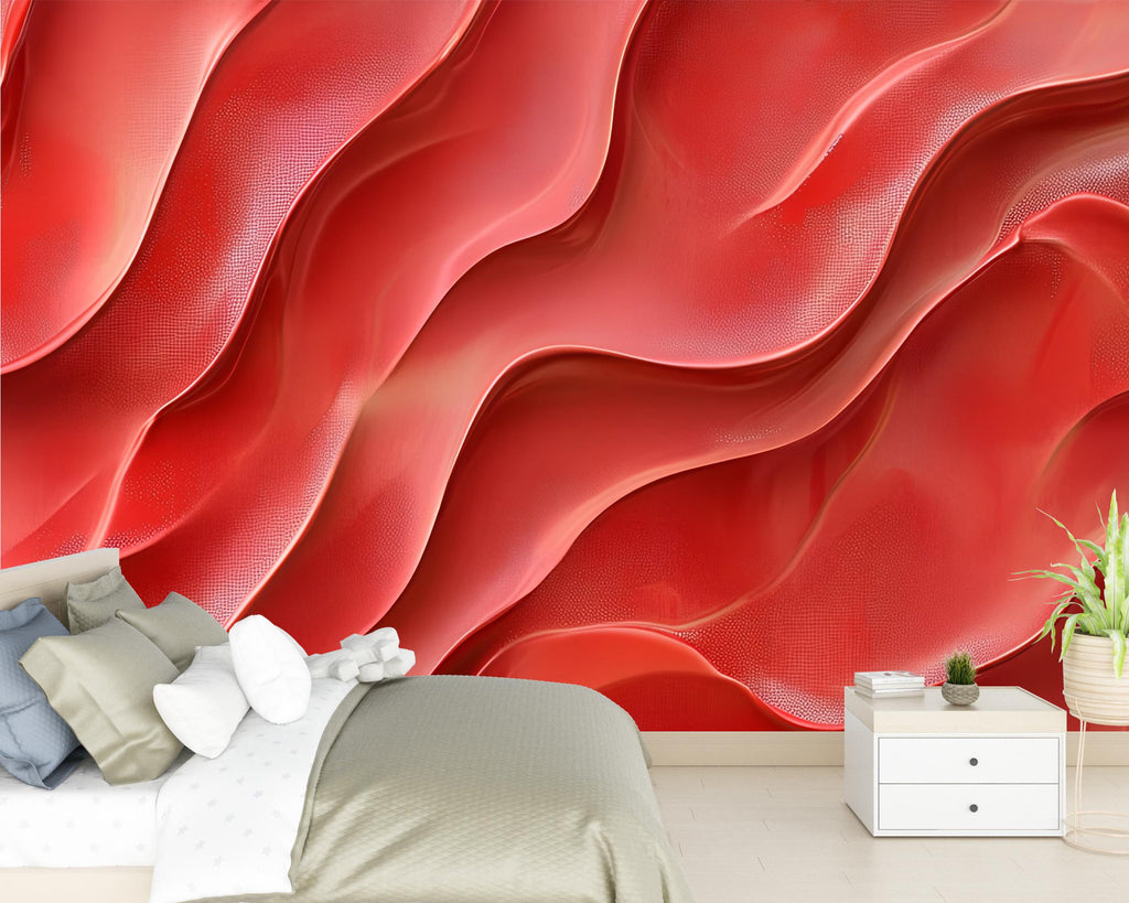 Red Wavy 3D Wall Mural – Abstract Fluid Texture Wallpaper – Modern Bold Accent Wall – Peel and Stick Bedroom Wall Art – Vibrant Sculpted art