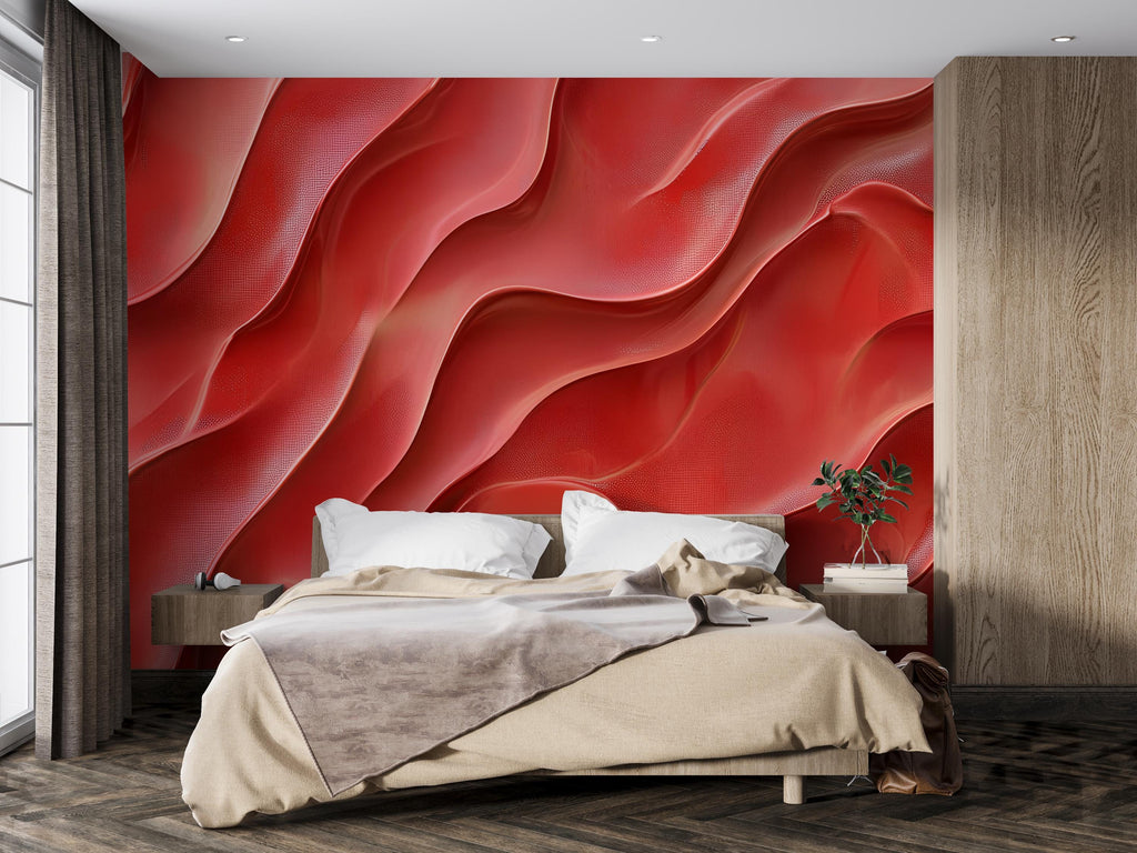 Red Wavy 3D Wall Mural – Abstract Fluid Texture Wallpaper – Modern Bold Accent Wall – Peel and Stick Bedroom Wall Art – Vibrant Sculpted art