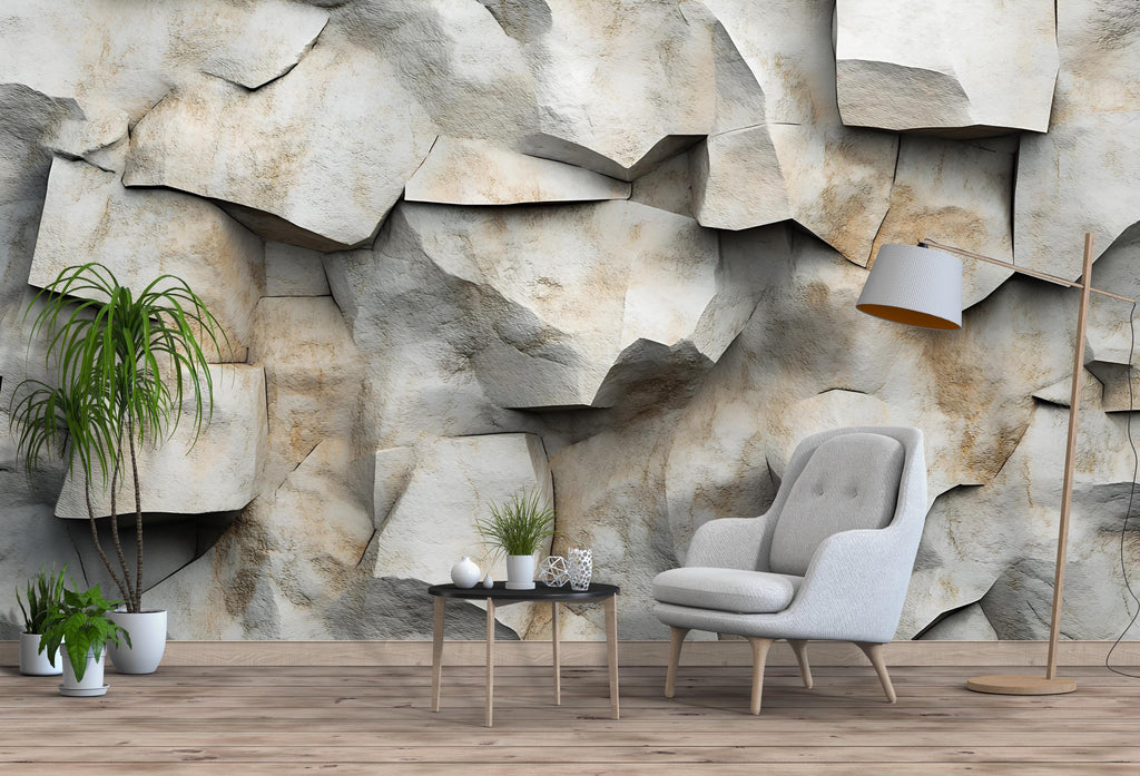 3D Stone Wall Mural – Realistic Rock Texture Wallpaper – Faux Stone Accent Wall – Peel and Stick Rustic Wall Decor for Living Room or Office