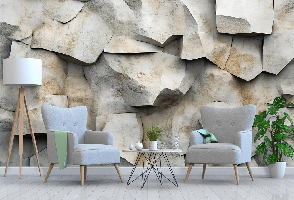 3D Stone Wall Mural – Realistic Rock Texture Wallpaper – Faux Stone Accent Wall – Peel and Stick Rustic Wall Decor for Living Room or Office