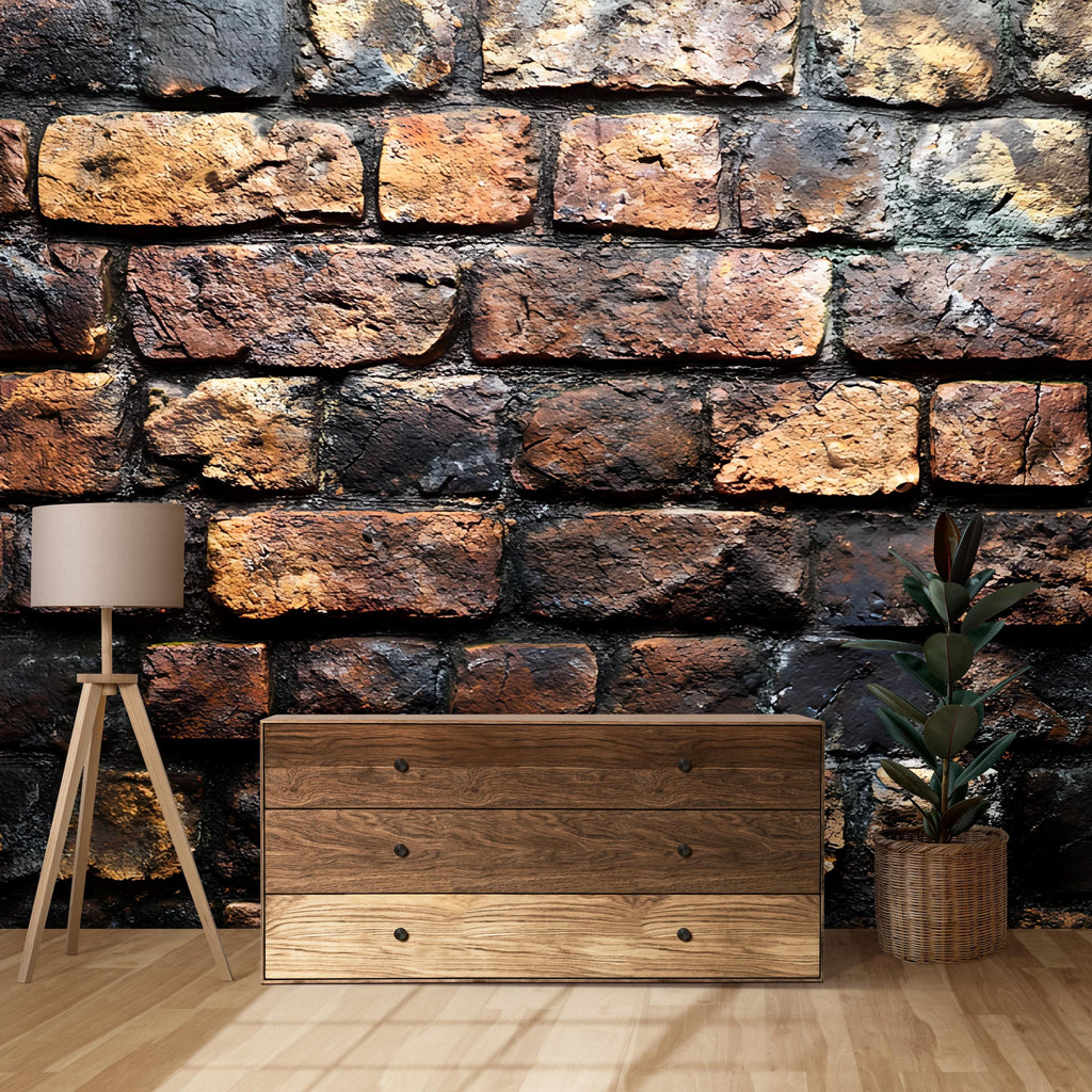 Rustic Brick Wall Mural – Realistic Aged Brick Texture Wallpaper – Industrial Peel and Stick Accent Wall – Vintage Loft Style Wall Decor