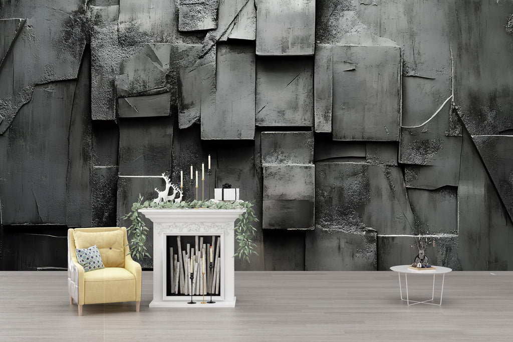 Modern Industrial 3D Wall Mural – Dark Concrete Panel Texture Wallpaper – Urban Loft Style Accent Wall – Peel and Stick Brutalist Wall Decor