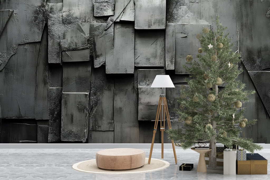 Modern Industrial 3D Wall Mural – Dark Concrete Panel Texture Wallpaper – Urban Loft Style Accent Wall – Peel and Stick Brutalist Wall Decor