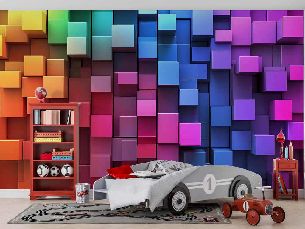 Colorful 3D Cube Wall Mural – Rainbow Geometric Wallpaper for Kids Room – Bright Peel and Stick Accent Wall – Fun Modern Playroom Decor