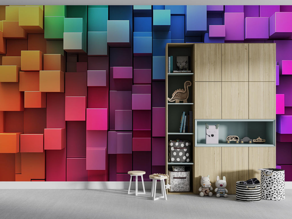 Colorful 3D Cube Wall Mural – Rainbow Geometric Wallpaper for Kids Room – Bright Peel and Stick Accent Wall – Fun Modern Playroom Decor