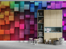 Load image into Gallery viewer, Colorful 3D Cube Wall Mural – Rainbow Geometric Wallpaper for Kids Room – Bright Peel and Stick Accent Wall – Fun Modern Playroom Decor