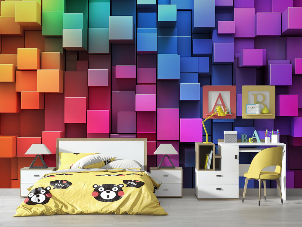 Colorful 3D Cube Wall Mural – Rainbow Geometric Wallpaper for Kids Room – Bright Peel and Stick Accent Wall – Fun Modern Playroom Decor