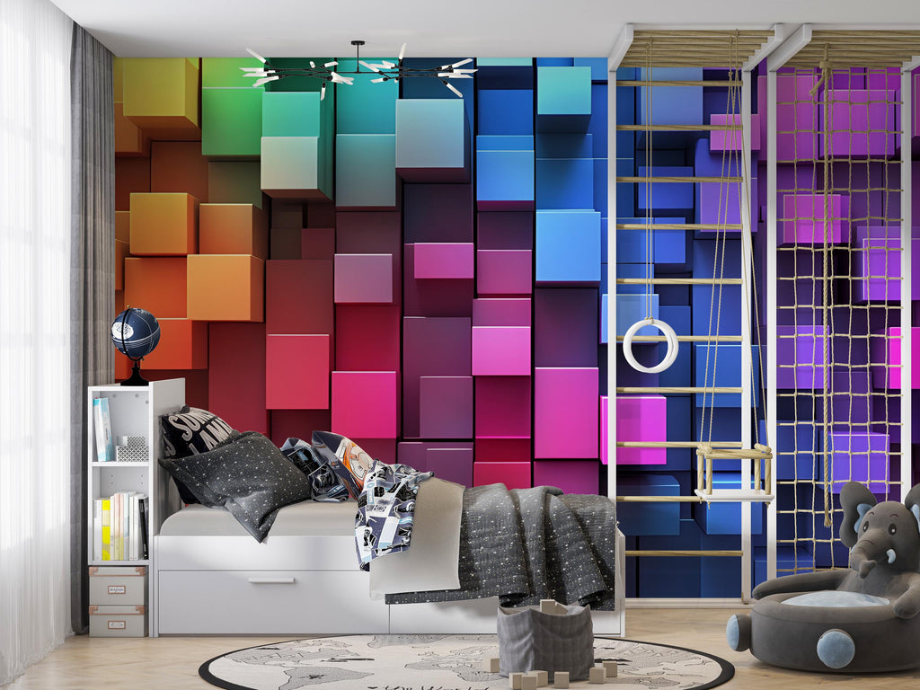 Colorful 3D Cube Wall Mural – Rainbow Geometric Wallpaper for Kids Room – Bright Peel and Stick Accent Wall – Fun Modern Playroom Decor