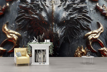 Load image into Gallery viewer, Dark Fantasy Dragon Wall Mural – Gothic Medieval 3D Wallpaper – Fierce Black Dragon Accent Wall – Peel and Stick Fantasy Wall Art for Game
