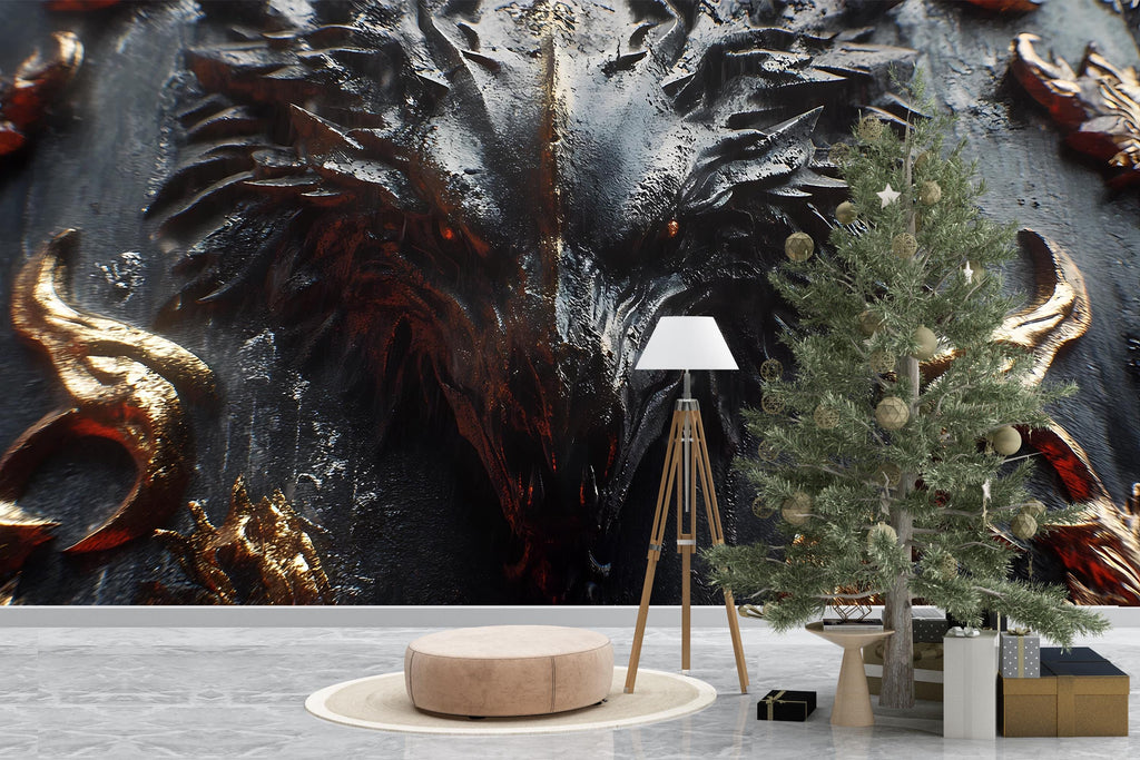 Dark Fantasy Dragon Wall Mural – Gothic Medieval 3D Wallpaper – Fierce Black Dragon Accent Wall – Peel and Stick Fantasy Wall Art for Game
