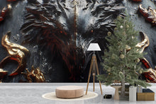 Load image into Gallery viewer, Dark Fantasy Dragon Wall Mural – Gothic Medieval 3D Wallpaper – Fierce Black Dragon Accent Wall – Peel and Stick Fantasy Wall Art for Game