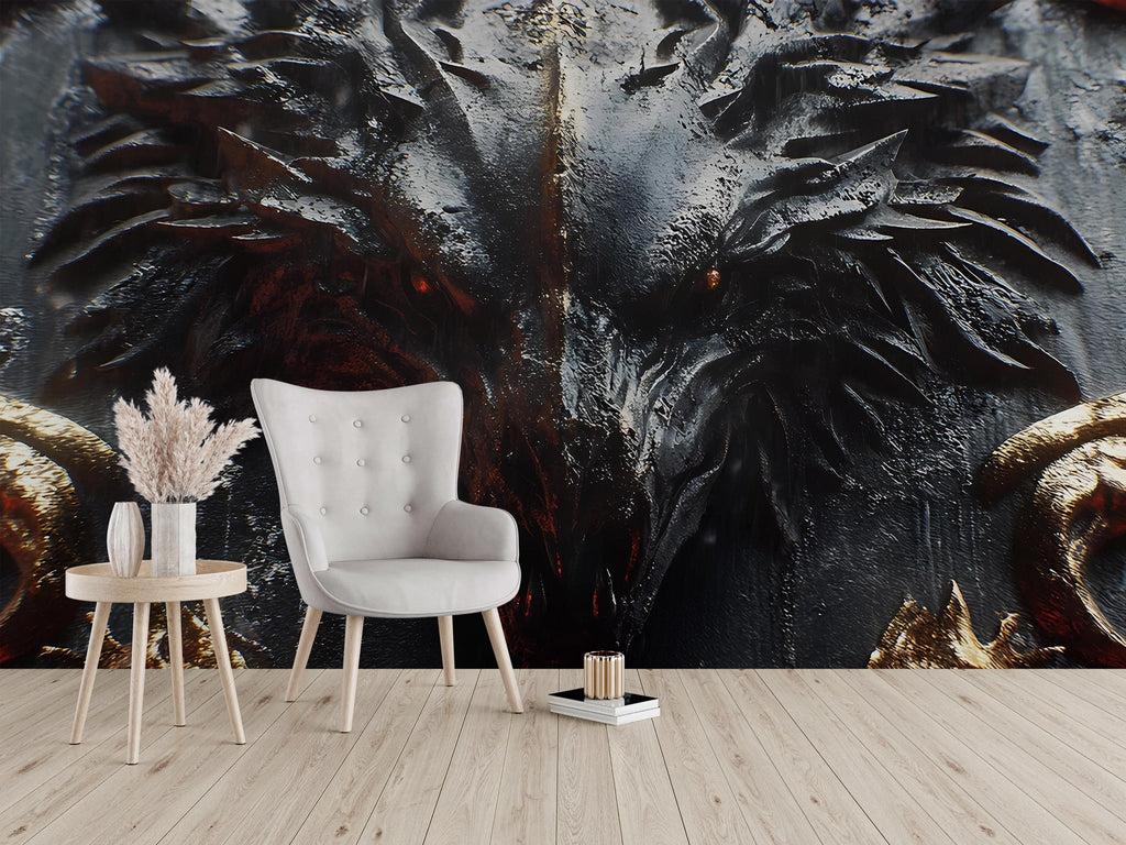 Dark Fantasy Dragon Wall Mural – Gothic Medieval 3D Wallpaper – Fierce Black Dragon Accent Wall – Peel and Stick Fantasy Wall Art for Game