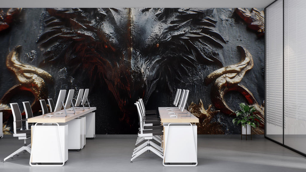 Dark Fantasy Dragon Wall Mural – Gothic Medieval 3D Wallpaper – Fierce Black Dragon Accent Wall – Peel and Stick Fantasy Wall Art for Game