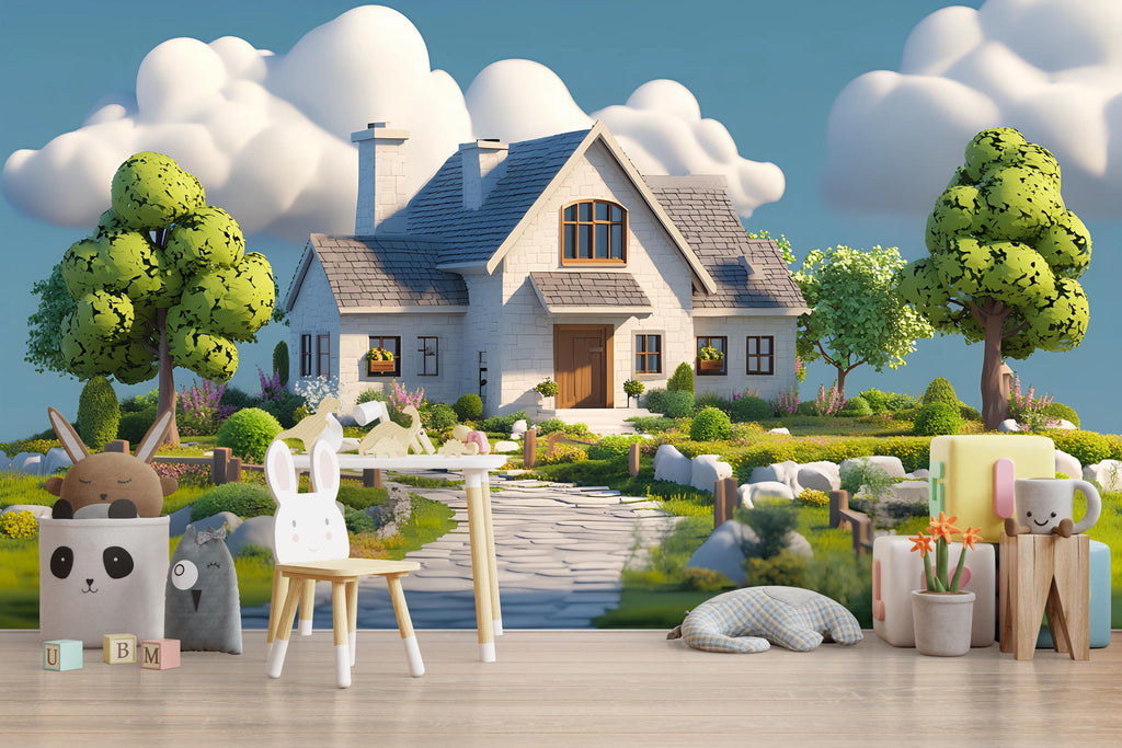 3D Storybook Cottage Nursery Wall Mural – Whimsical House and Garden Wallpaper – Fairytale Baby Room Decor – Peel and Stick