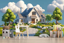 Load image into Gallery viewer, 3D Storybook Cottage Nursery Wall Mural – Whimsical House and Garden Wallpaper – Fairytale Baby Room Decor – Peel and Stick