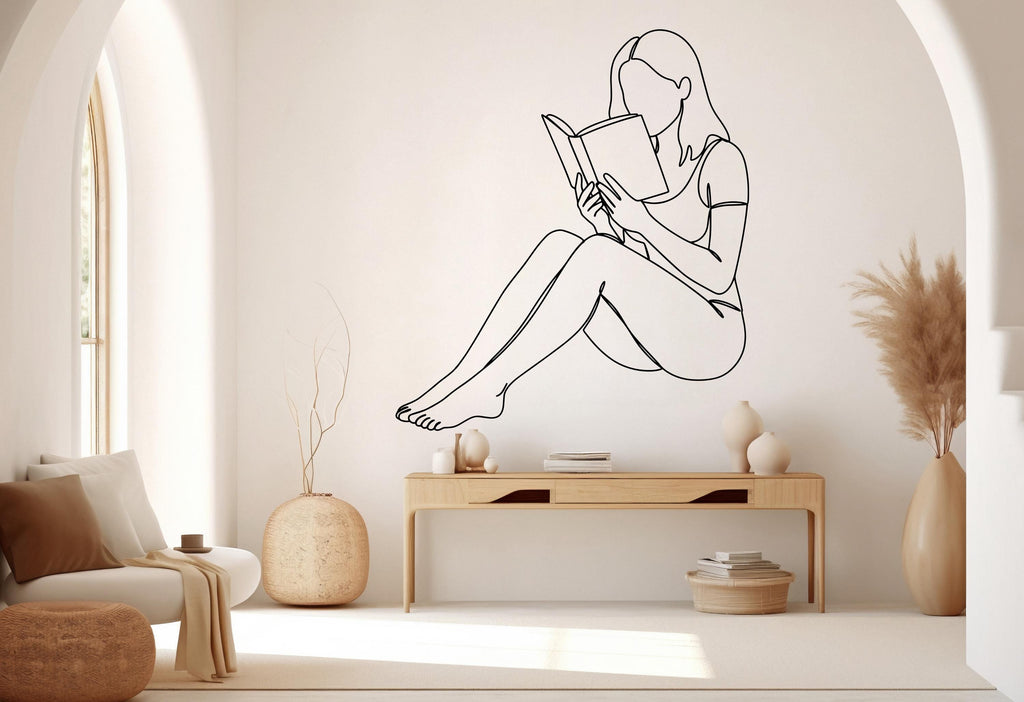 Girl Reading Book wall decal Minimalist Line Art Wall Decal Vinyl Art Stickers for Interiors, Schools, Classrooms, Libraries, Bedrooms 673RS