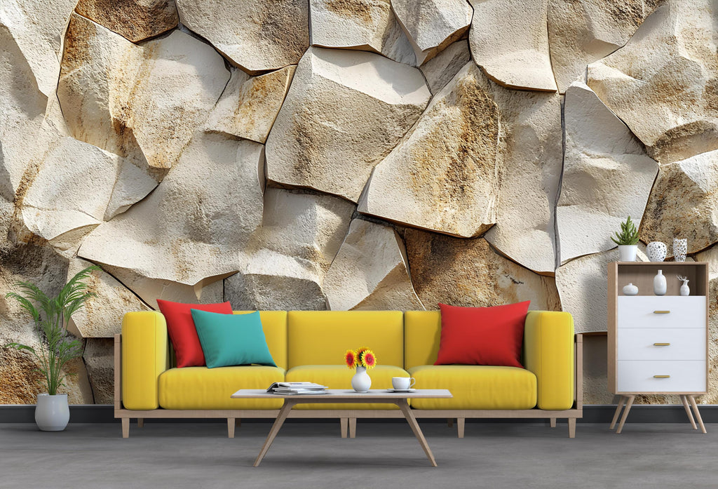 3D Sandstone Rock Wall Mural – Textured Stone Look Wallpaper – Rustic Natural Accent Wall – Peel and Stick Faux Stone for Living