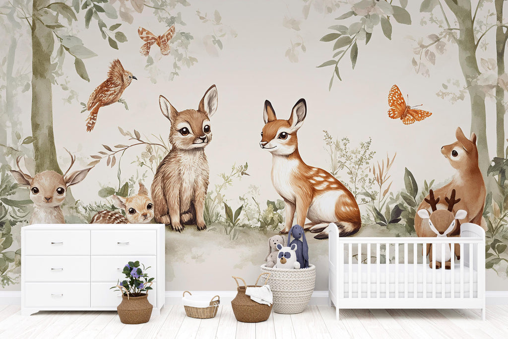 Woodland Animal Nursery Wallpaper – Forest Fawn & Bunny Mural – Cute Baby Room Wall Art – Peel and Stick or Removable Décor