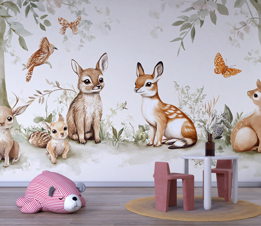 Woodland Animal Nursery Wallpaper – Forest Fawn & Bunny Mural – Cute Baby Room Wall Art – Peel and Stick or Removable Décor