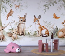 Load image into Gallery viewer, Woodland Animal Nursery Wallpaper – Forest Fawn &amp; Bunny Mural – Cute Baby Room Wall Art – Peel and Stick or Removable Décor