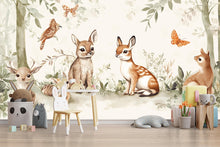 Load image into Gallery viewer, Woodland Animal Nursery Wallpaper – Forest Fawn &amp; Bunny Mural – Cute Baby Room Wall Art – Peel and Stick or Removable Décor