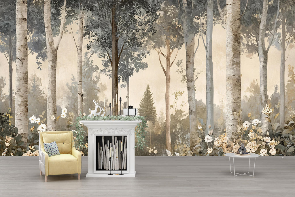 Vintage Forest Birch Tree Wall Mural – Neutral Botanical Wallpaper – Tranquil Woodland Wall Art – Peel and Stick Rustic Nature Décor