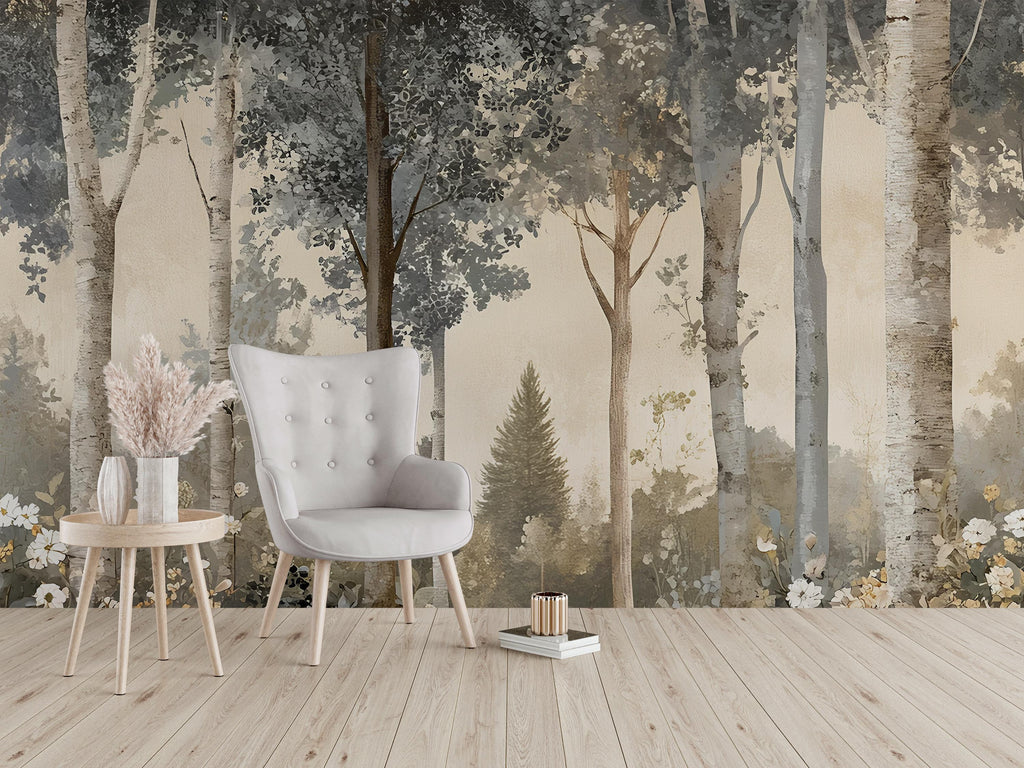 Vintage Forest Birch Tree Wall Mural – Neutral Botanical Wallpaper – Tranquil Woodland Wall Art – Peel and Stick Rustic Nature Décor