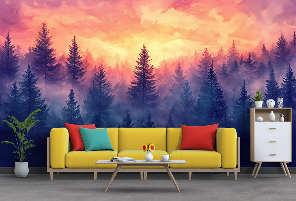 Sunset Forest Wall Mural – Vibrant Nature Wallpaper – Purple & Orange Landscape Wall Art – Peel and Stick Misty Pine Tree Décor