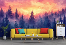 Load image into Gallery viewer, Sunset Forest Wall Mural – Vibrant Nature Wallpaper – Purple &amp; Orange Landscape Wall Art – Peel and Stick Misty Pine Tree Décor